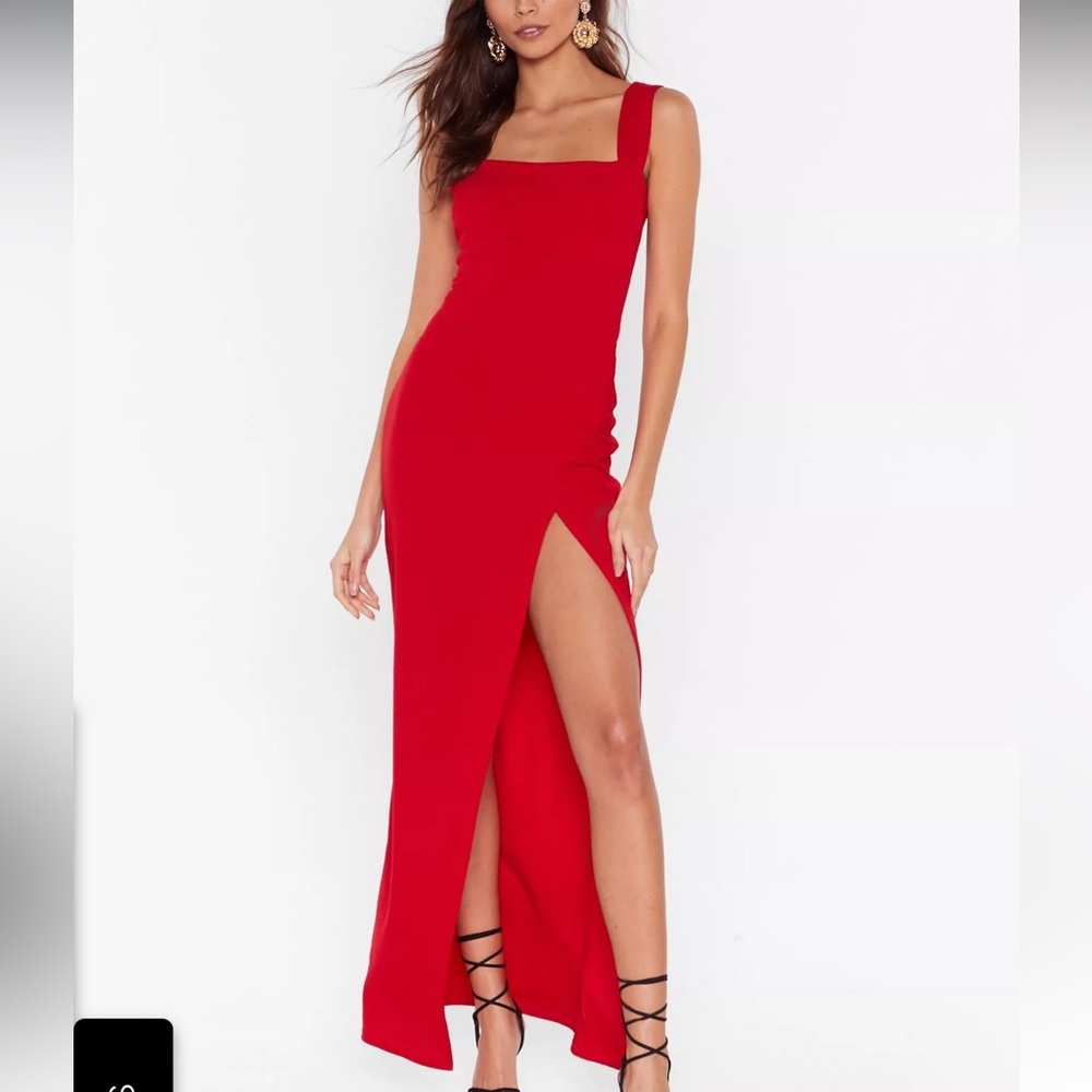Nasty Gal Red Slit Maxi Dress Square Neck Sleeveless